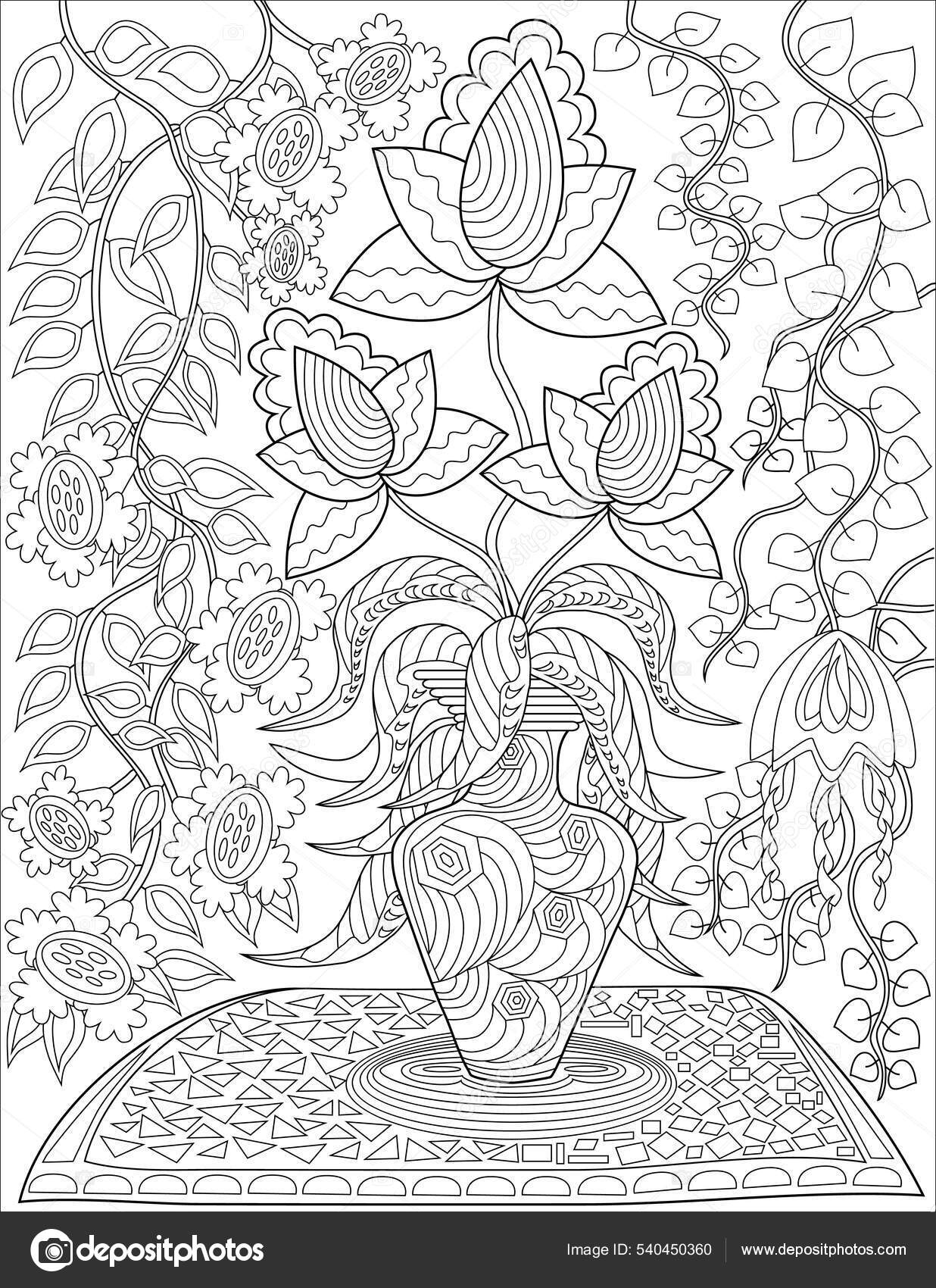Flower vase on table with roses and assorted flowers with background wall paper flowers line drawing coloring book stock vector by nialowwa