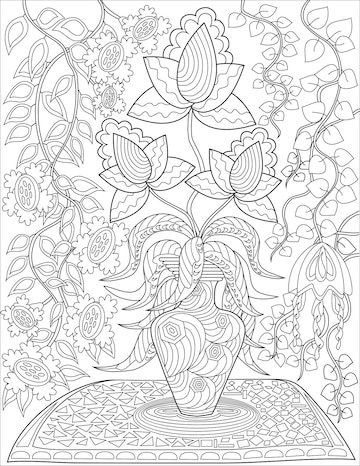 Premium vector flower vase on table with roses and assorted flowers with background wall paper flowers line