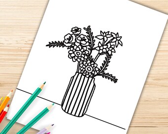 Flower vase coloring pages easy flower coloring pages kids teens adults flower birthday activity instant download kids coloring book