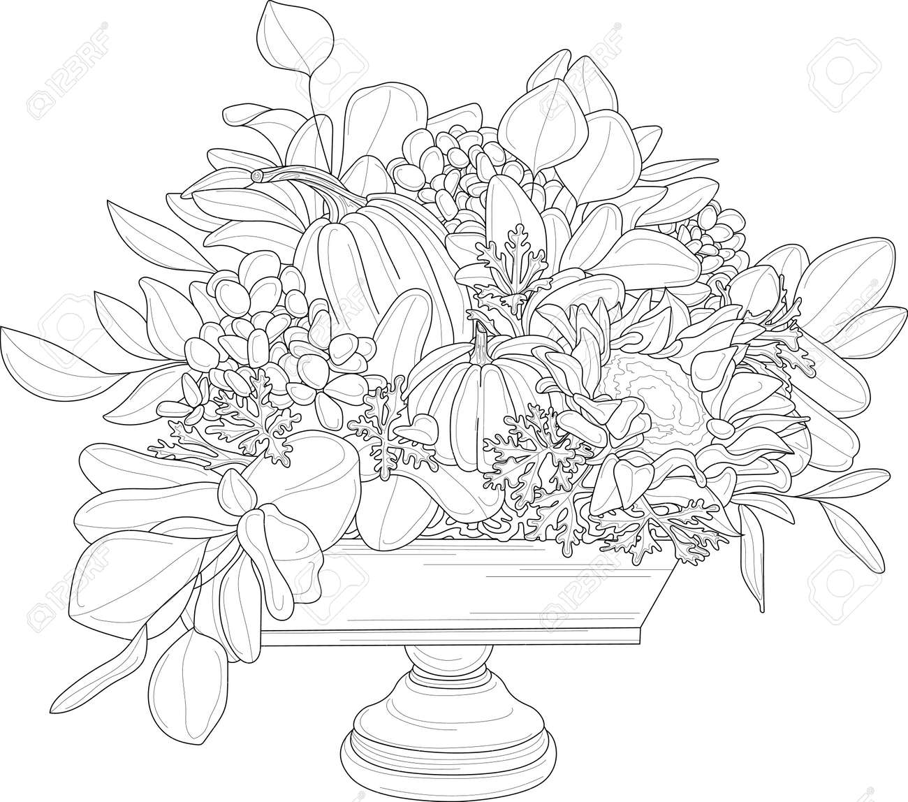 Realistic mix flower bouquet with roses leafs and pumpkins sketch vector illustration in black and white for games background pattern decor print for fabrics coloring paper page book royalty free svg cliparts