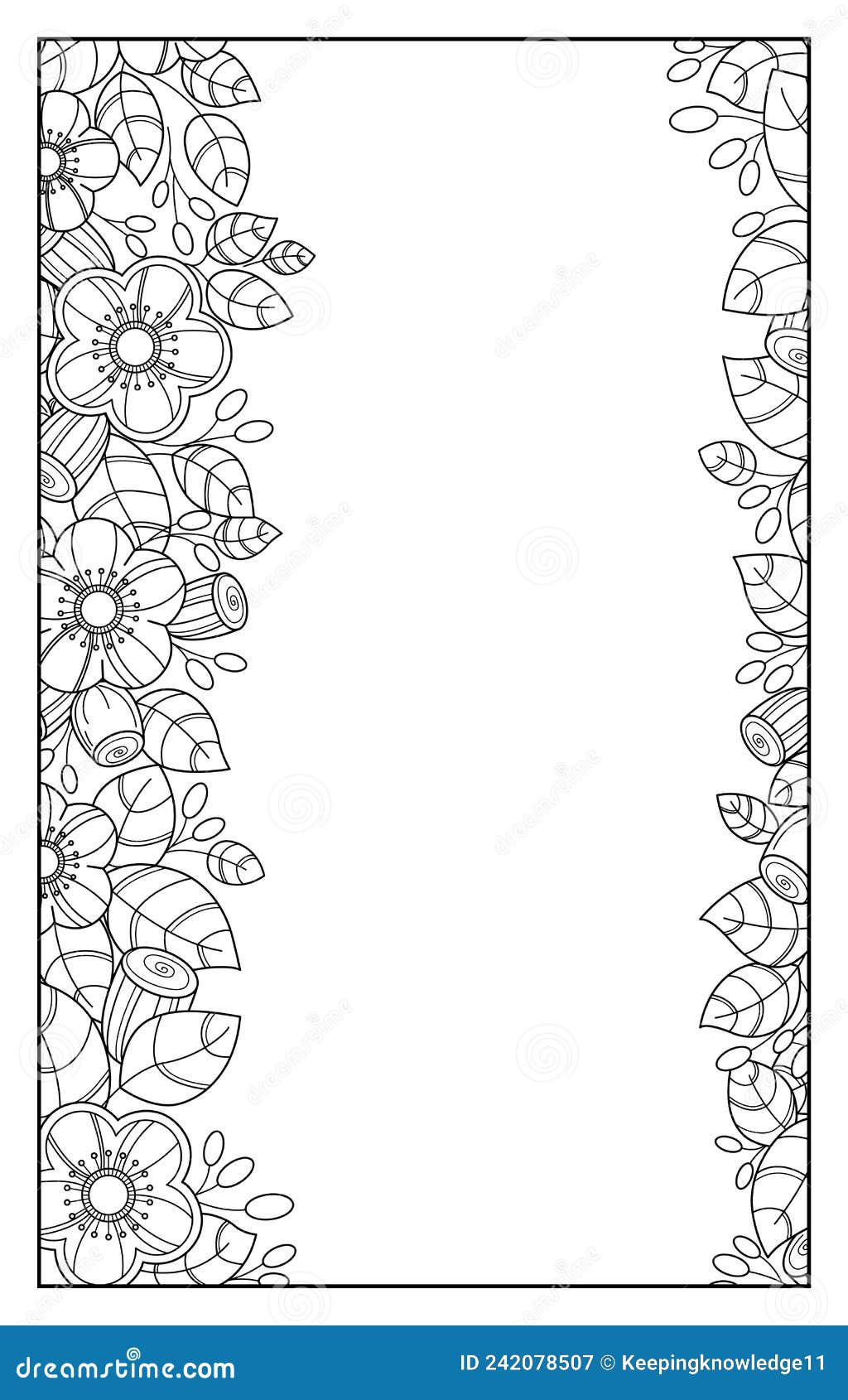 Template of two floral borders black and white stylized pattern beautiful contour flowers leaves buds and twigs with berries stock vector