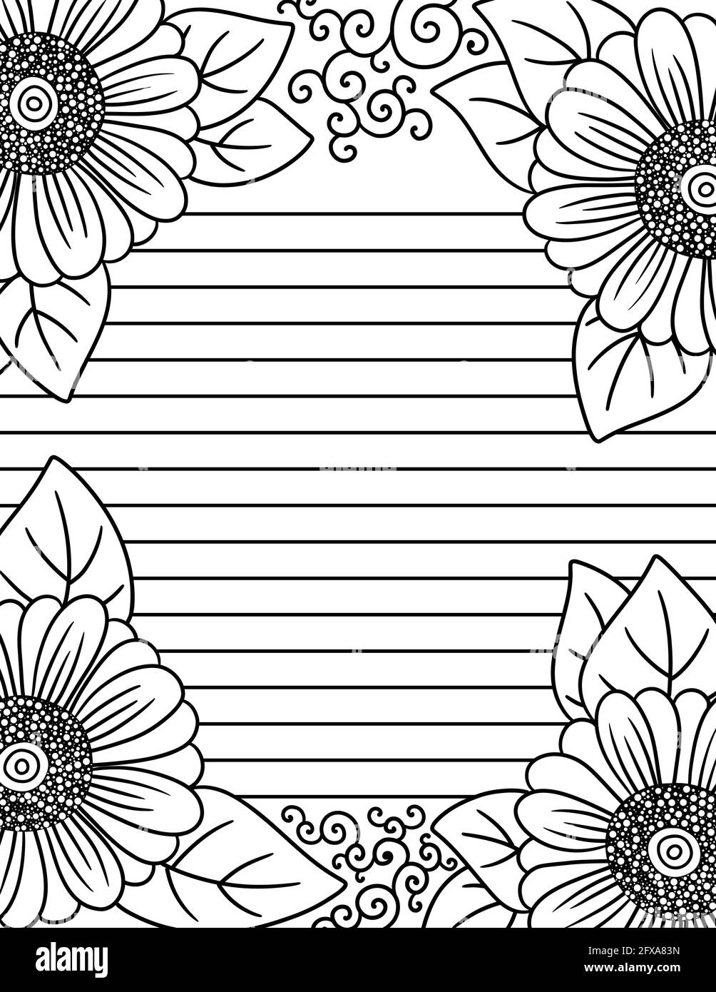 Adult coloring page of floral daisy border with guild lines for writing stock vector image art
