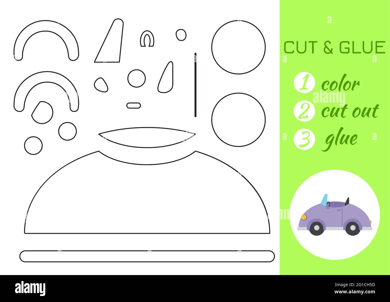Color cut and glue paper violet car cut and paste craft activity page educational game for preschool children diy worksheet kids logic game acti stock vector image art