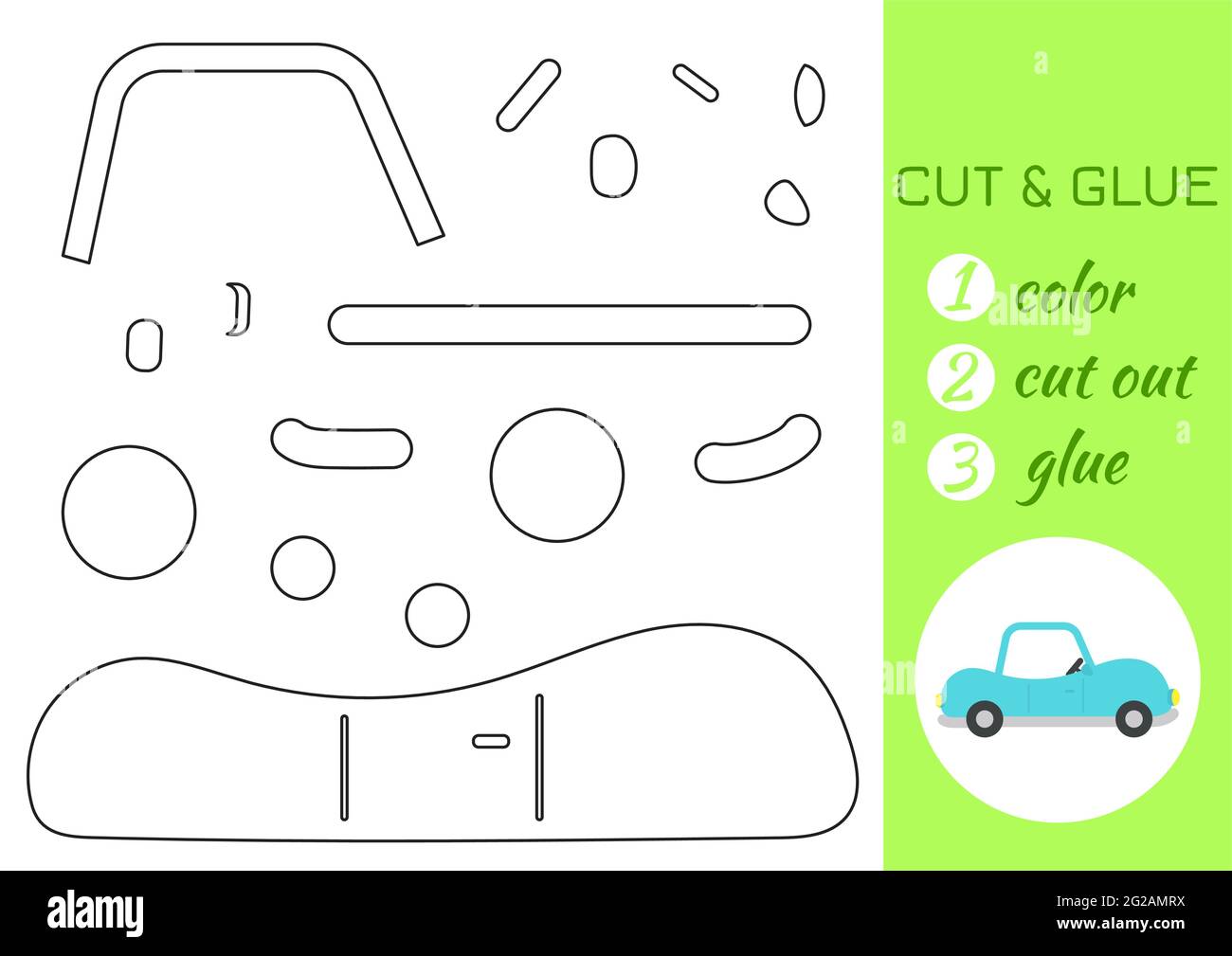 Color cut and glue paper turquoise car cut and paste craft activity page educational game for preschool children diy worksheet kids logic game a stock vector image art