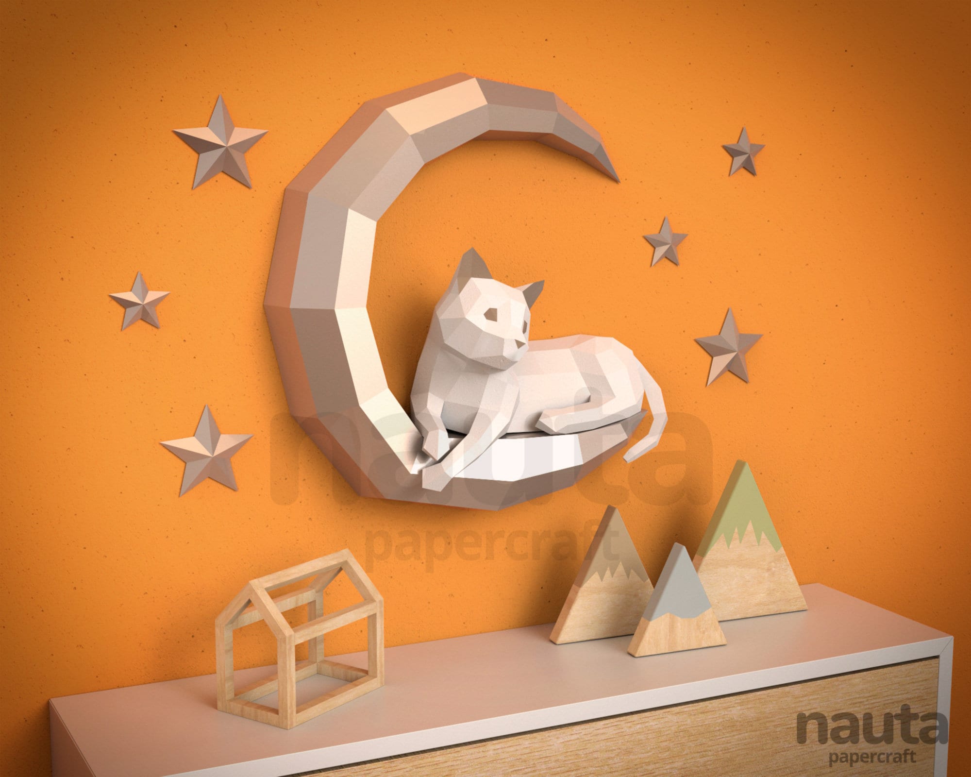 Cat on moon papercraft kitten low poly d papercraft animal trophy paper sculpture diy gift home decor origami animal pdf kid craft instant download