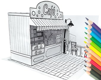 New printable kit for paper cafe toy coloring pages paper kid craft ice cream shop display with interior furniture d paper doll house pdf instant download
