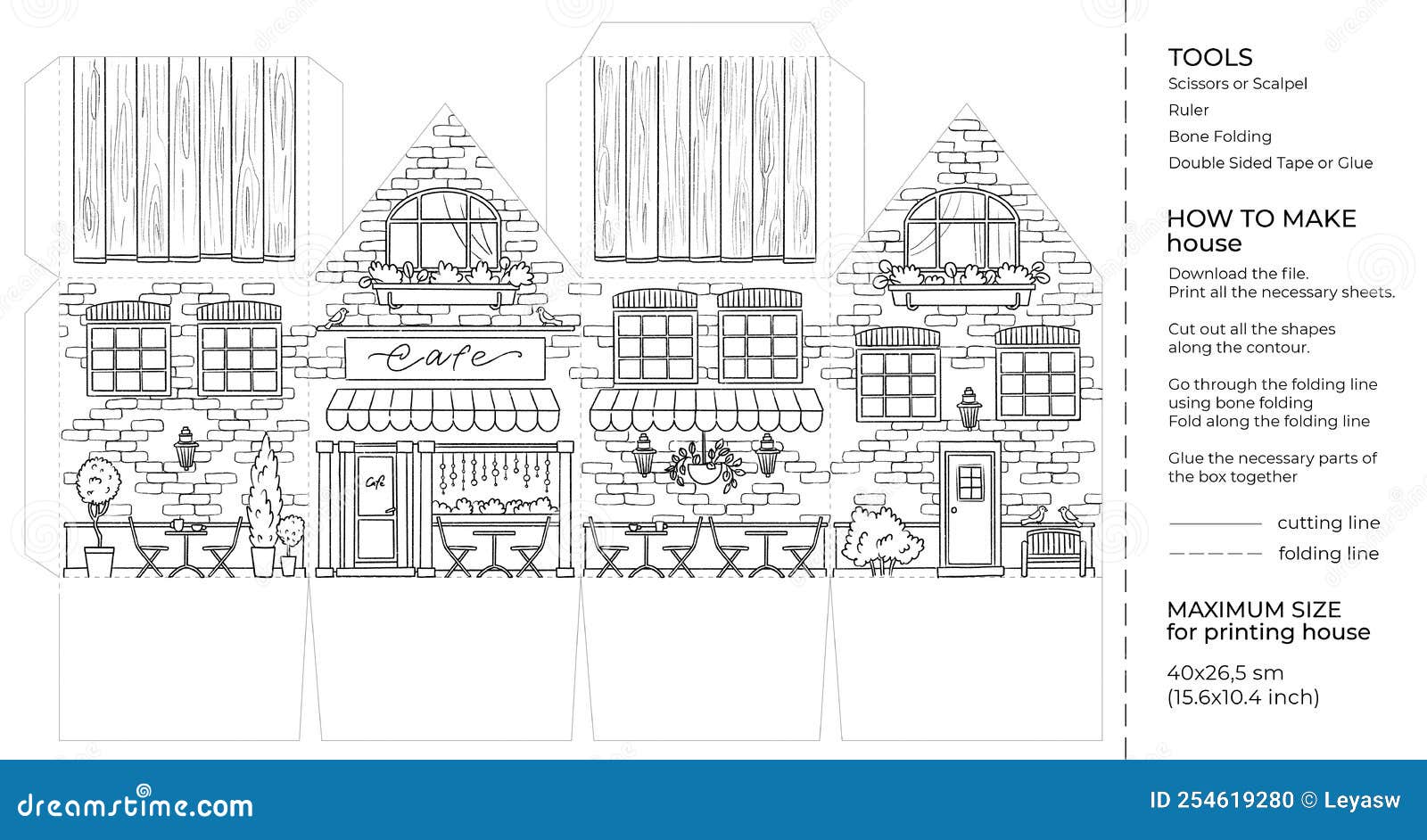 Kids craft paper house coloring page cut and glue cartoon d toy doll house printable template stock illustration