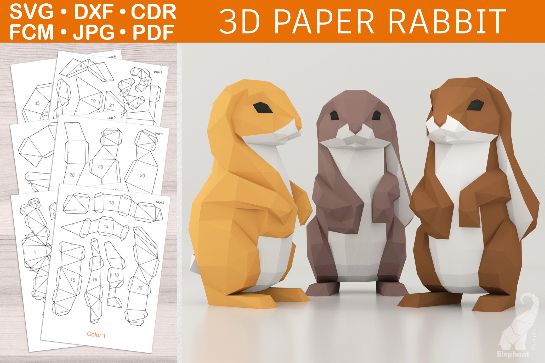 Low poly d paper craft rabbit template