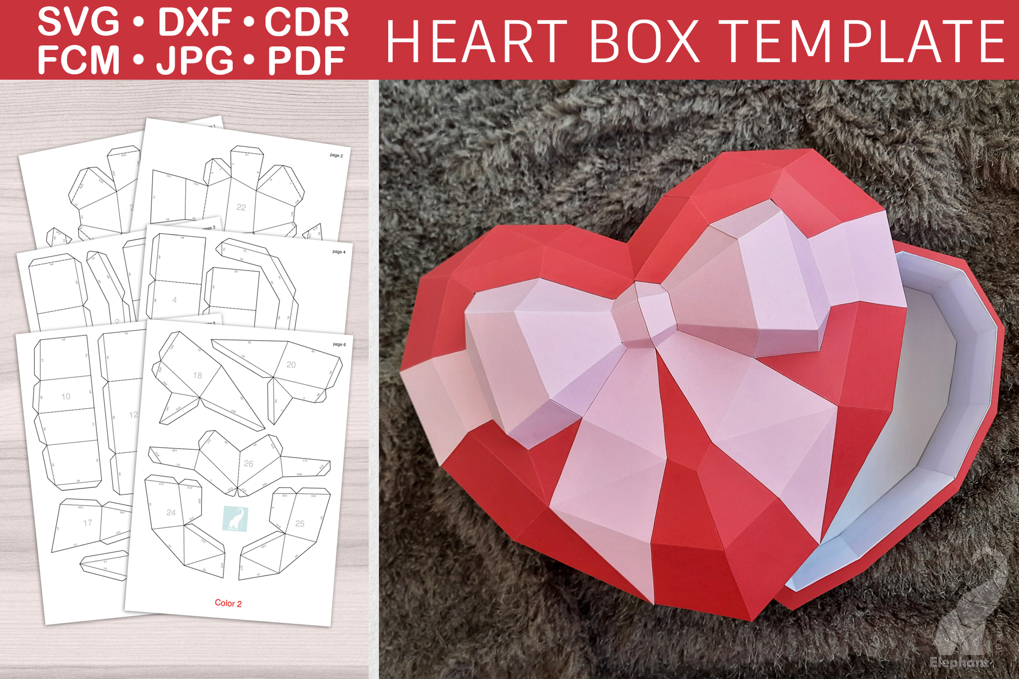 Low poly paper heart box template