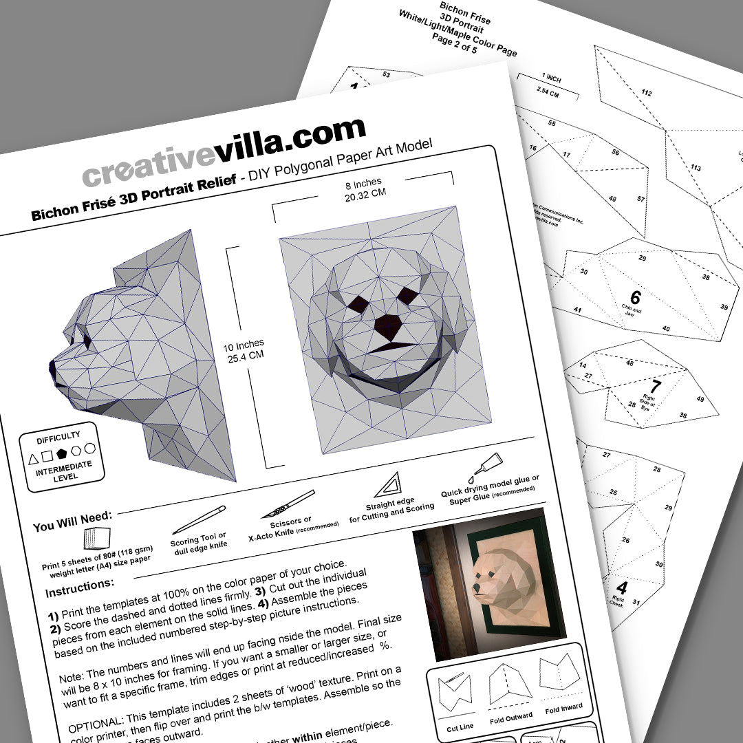 Bichon frisã dog d portrait wall sculpture diy low poly paper model t â