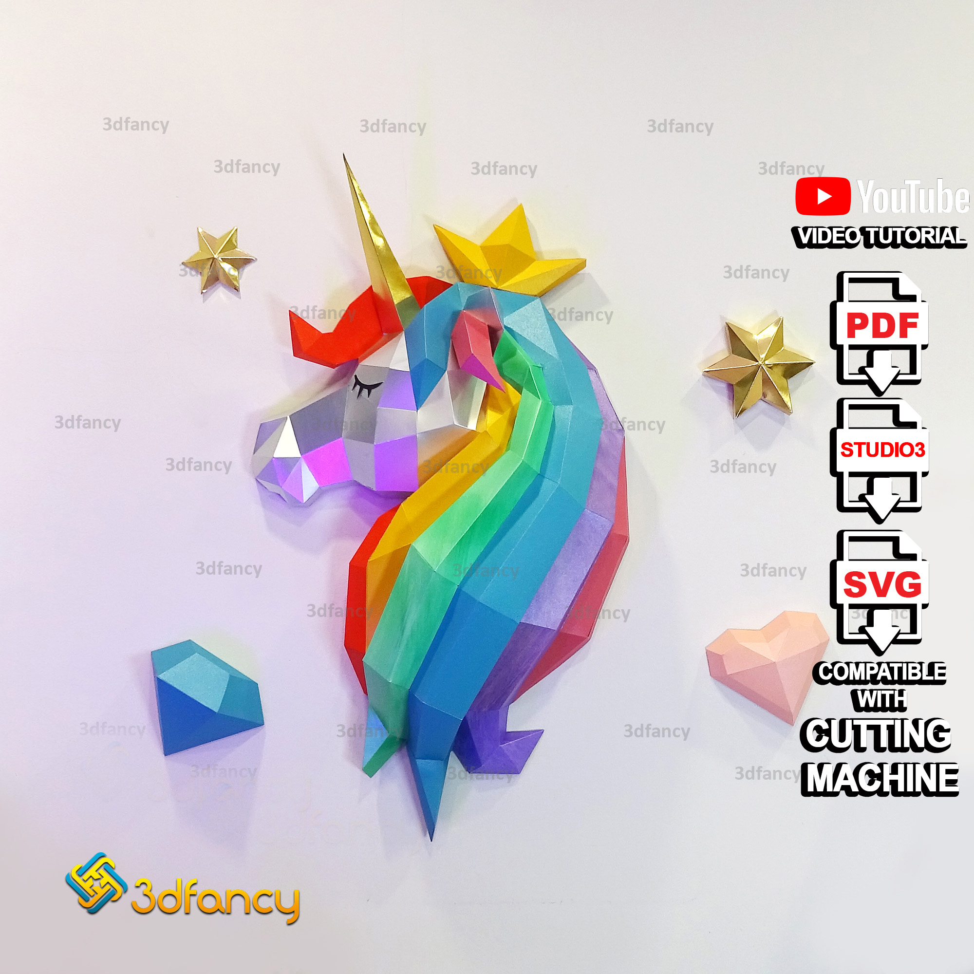 Rainbow unicorn papercraft pdf svg template for cricut cam