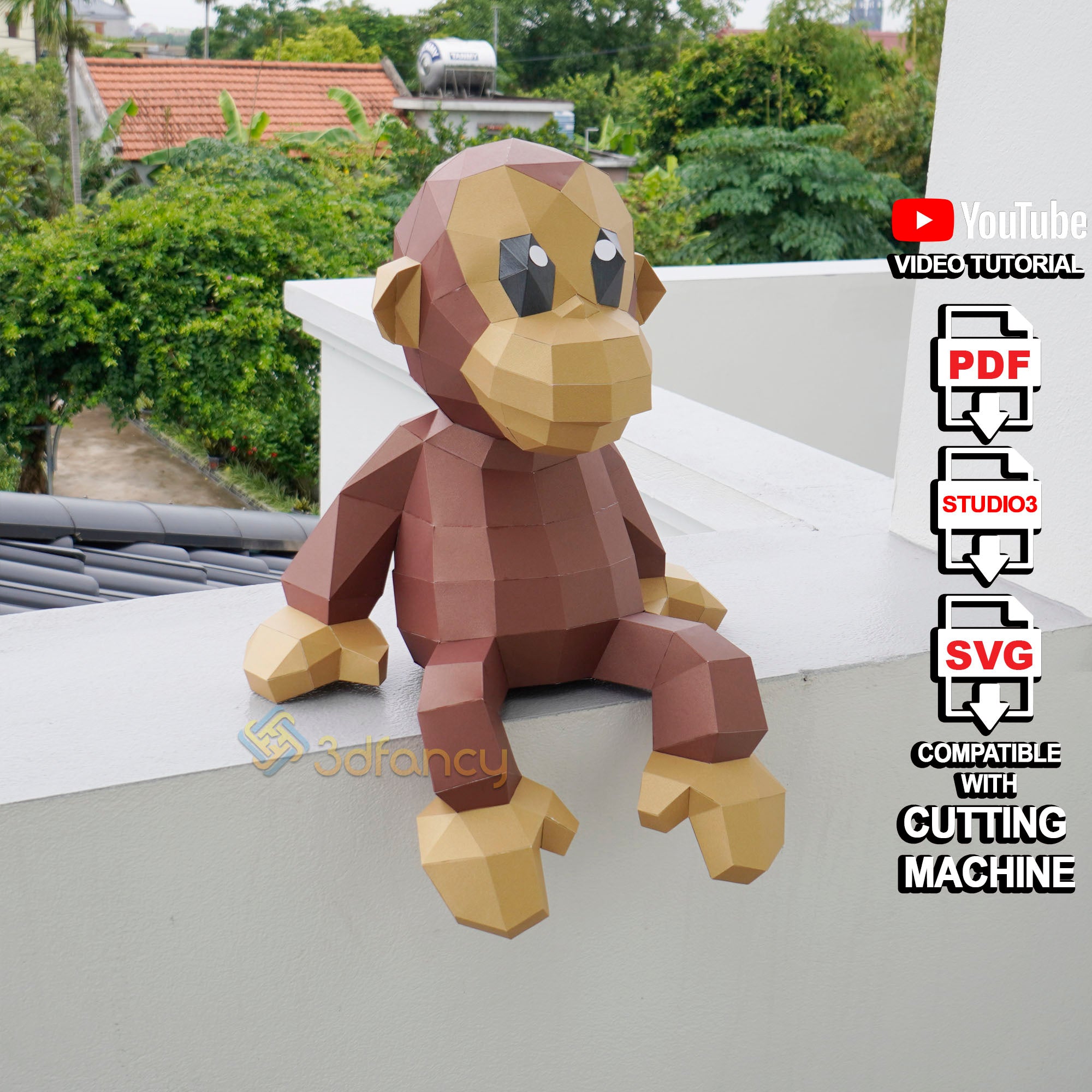 Low poly monkey papercraft pdf d svg template â