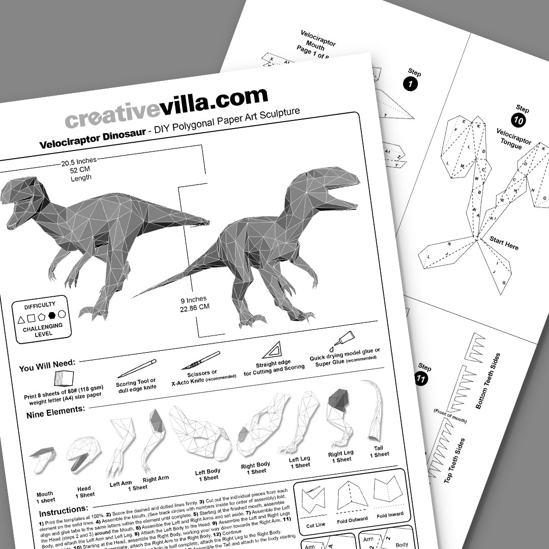 Velociraptor dinosaur diy low poly paper model template paper craft â