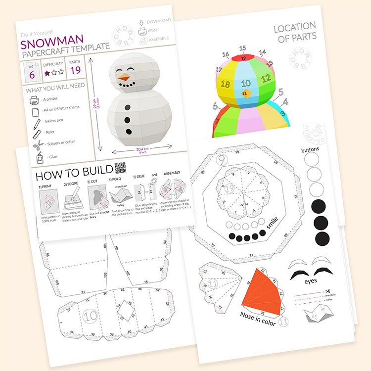 Low poly snowman d papercraft template