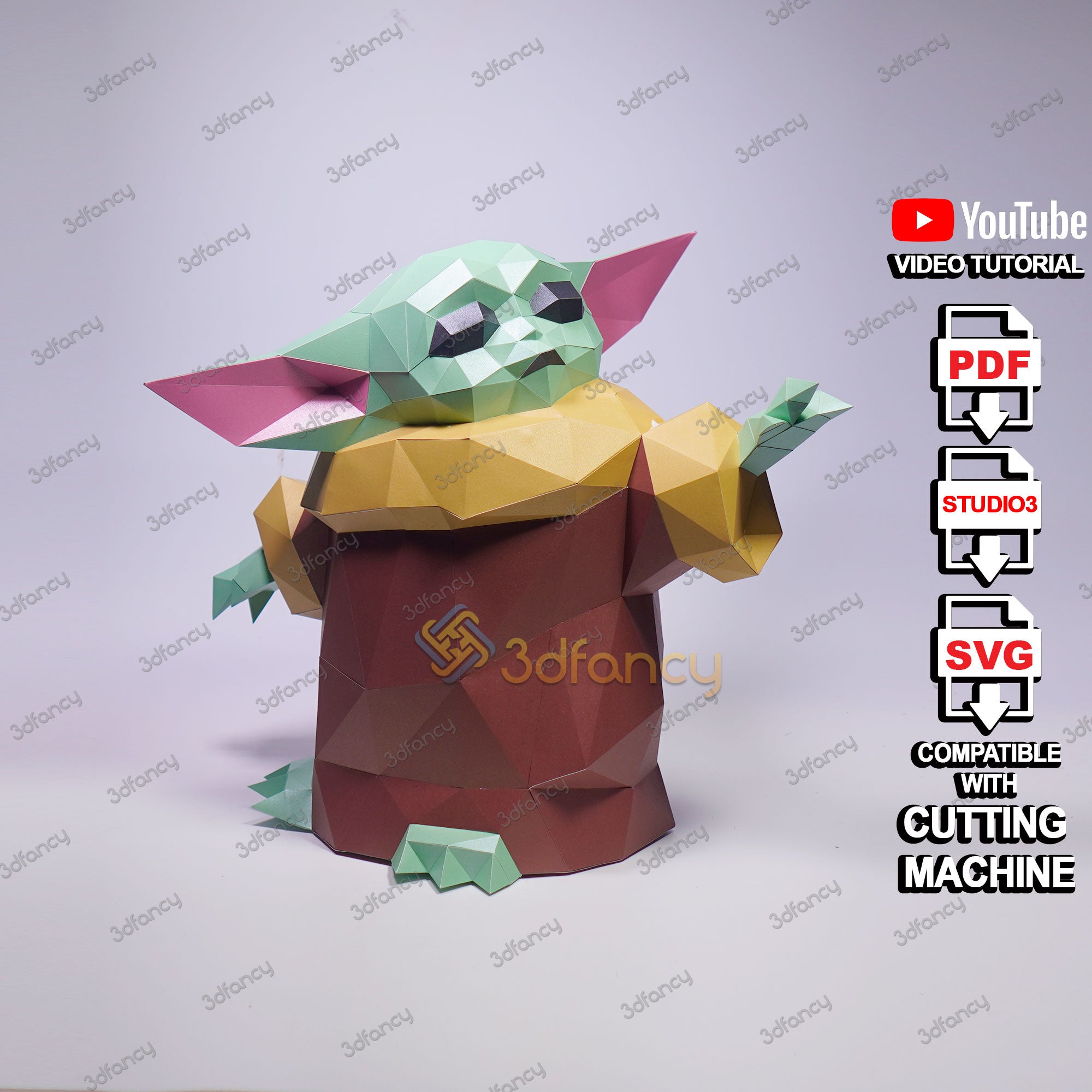 Low poly baby yoda d papercraft pdf svg template silhouette studio â