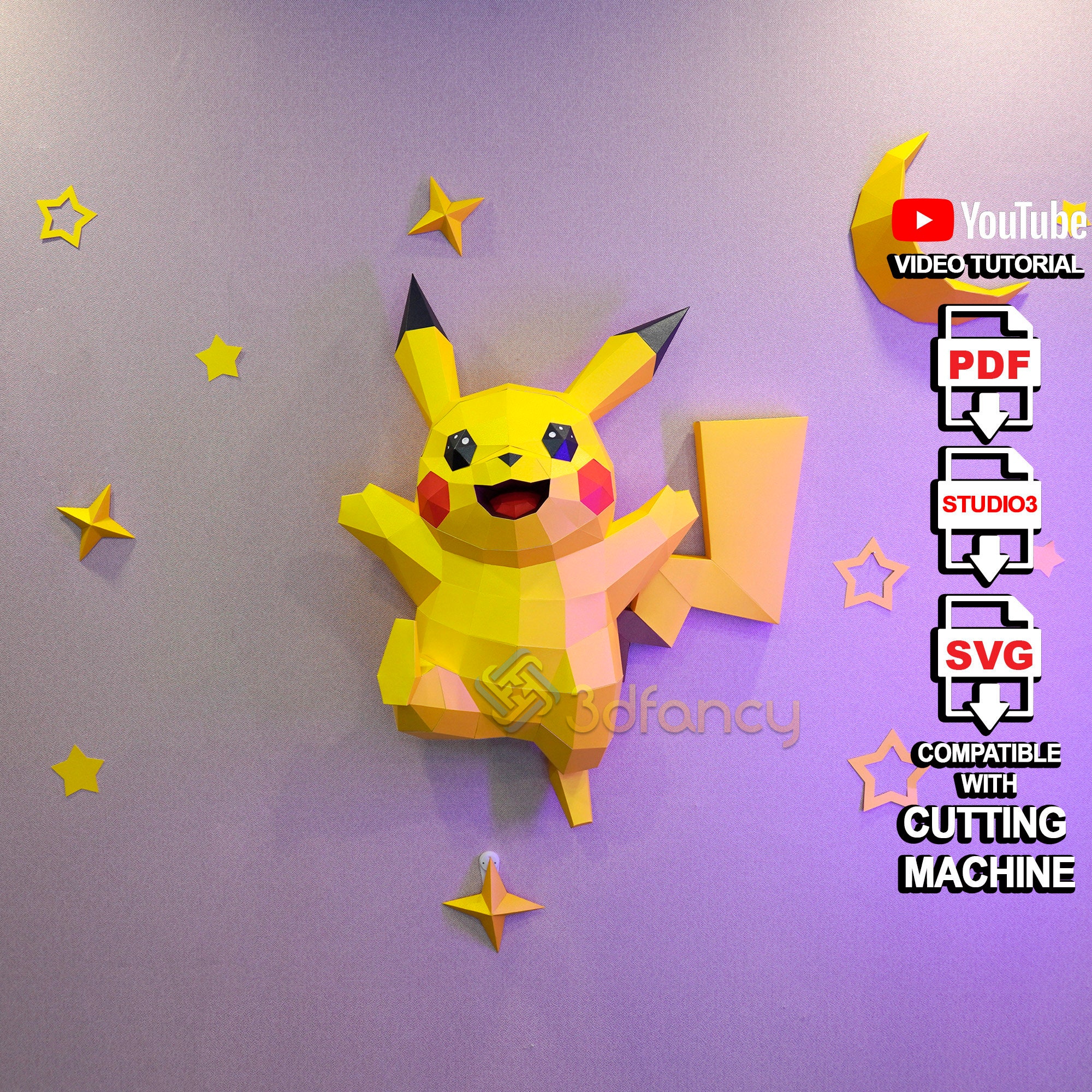 Diy papercraft pdf svg template for creating d pikachu wall hanging for childrens room decor diy low poly pokemon d papercraft