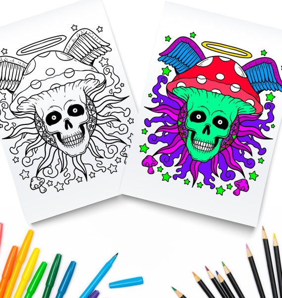 Trippy skull magic mushrooms printable pdf digital download stoner coloring page trippy stoner