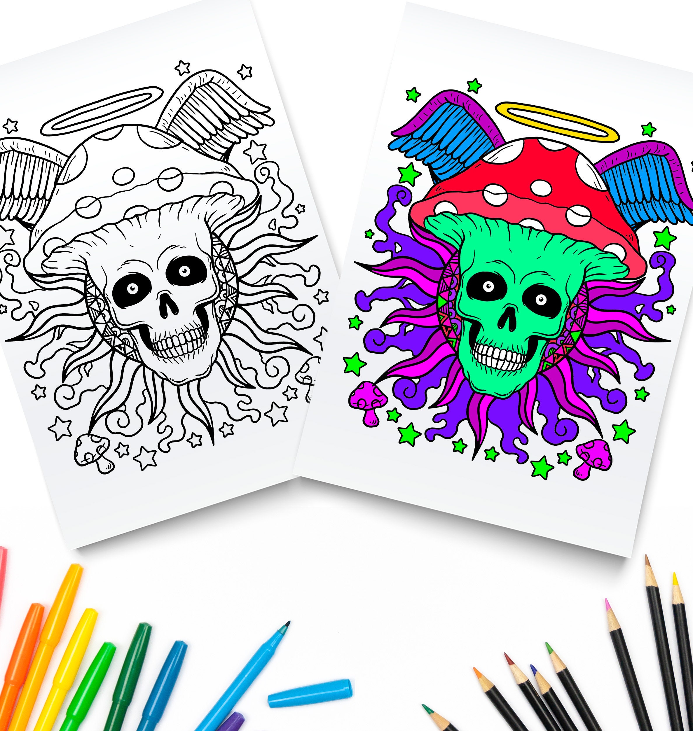 Trippy skull magic mushrooms printable pdf digital download stoner coloring page trippy stoner