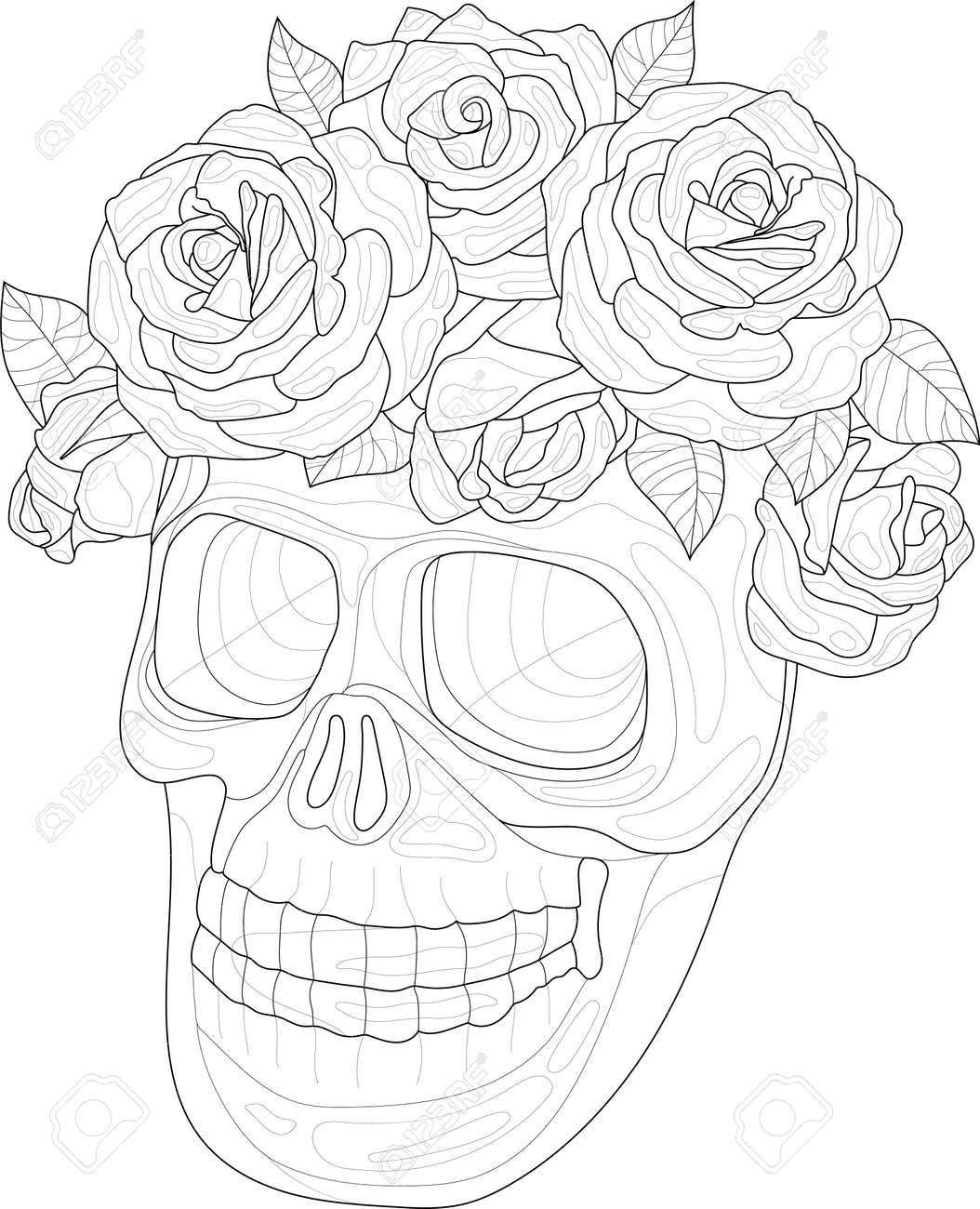 Realistic skull with rose peony flower crown sketch template cartoon graphic vector illustration for halloween in black and white for games background pattern decor coloring paper page book royalty free svg cliparts