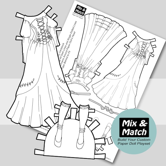 Fairy tale princess gowns coloring page mix match digital paper doll download printable paper doll clothing paper doll to color