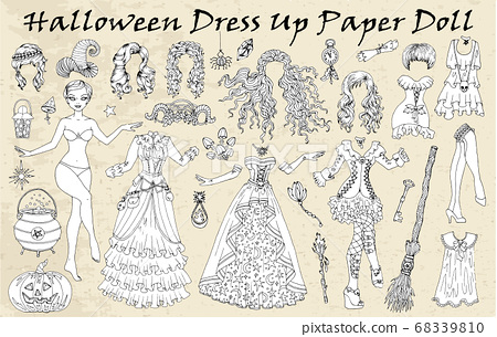 Set of dress up paper doll with halloween witch