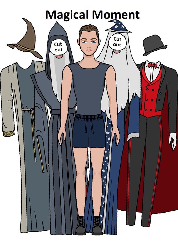 Magical moment paper doll magician halloween costume printable male paper doll dress up paper doll wizard costume coloring pages