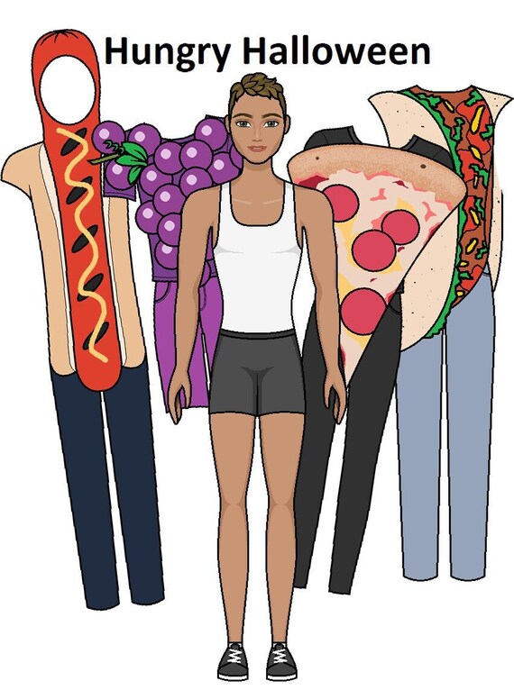 Hungry halloween paper doll halloween costume printable male paper doll dress up paper doll pizza costume coloring pages
