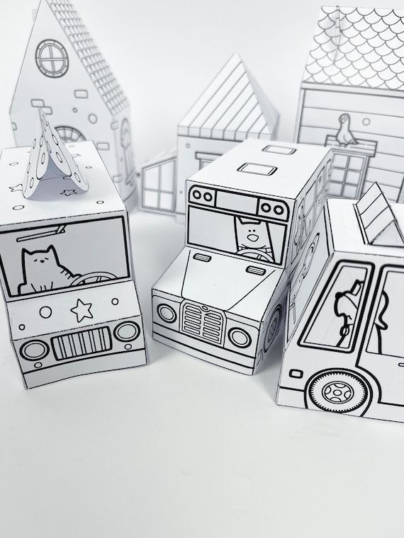 Paper toy cars printable activity sheets paper craft kit cut and colouring pages instant download pdf arts crafts activity for kids