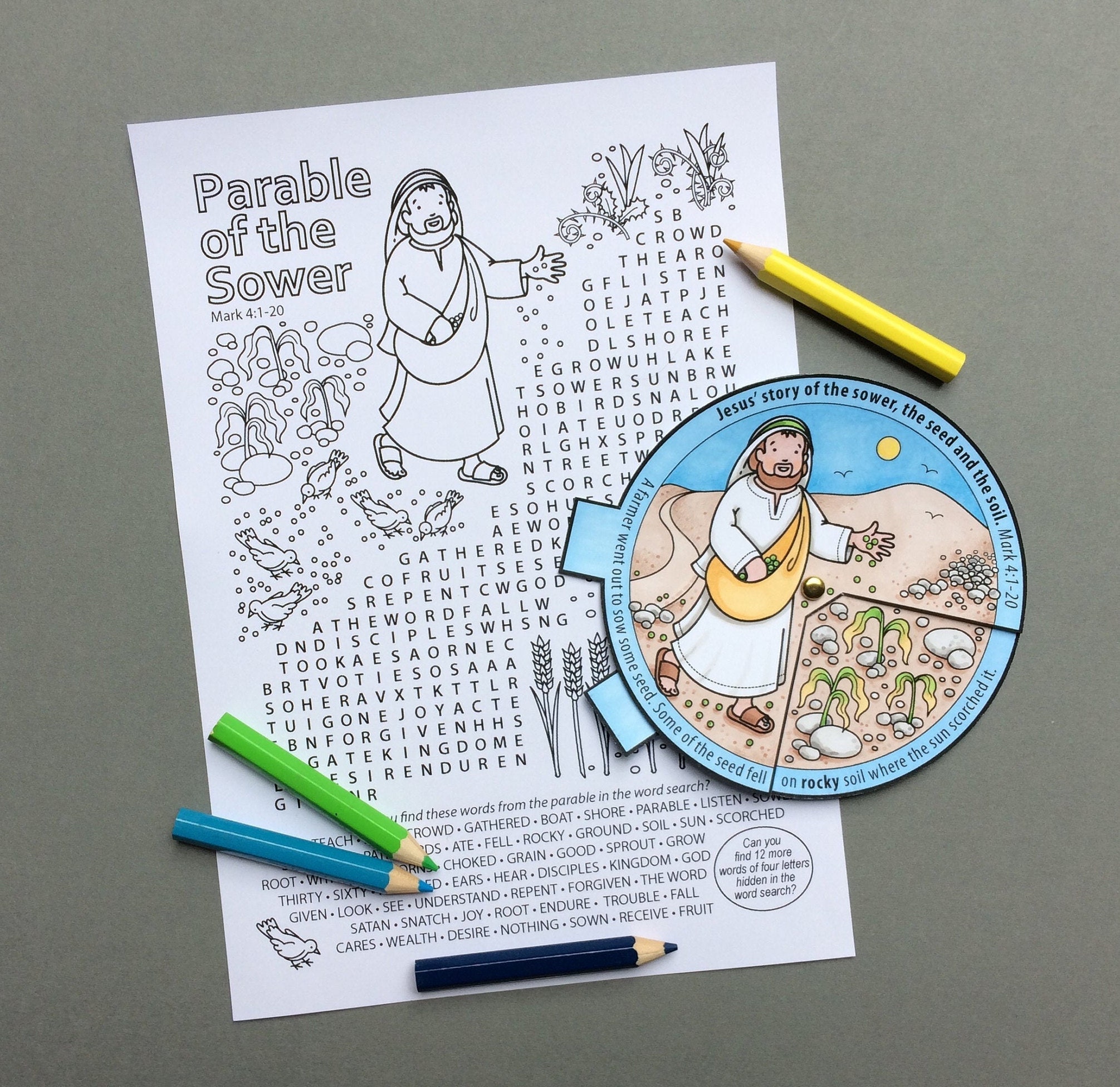 The parable of the sower and the soils colour in story wheel colouring page and word search based on the bible story from mark
