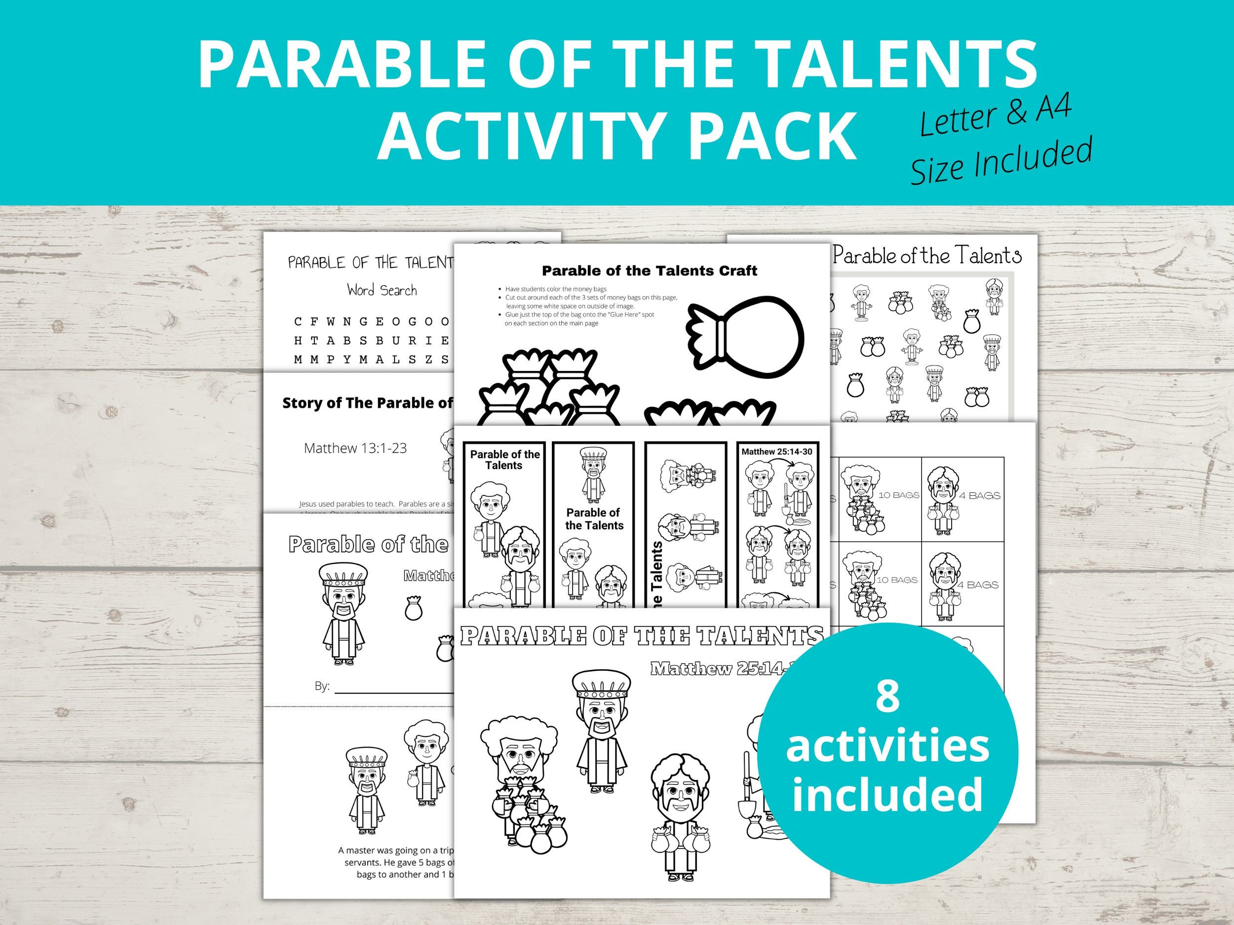 Parable of the talents parables of jesus bible story crafts sunday school activity mini book word search i spy bible book marks