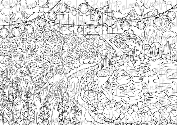 Backyard paradise and pond coloring page printable digital download coloring