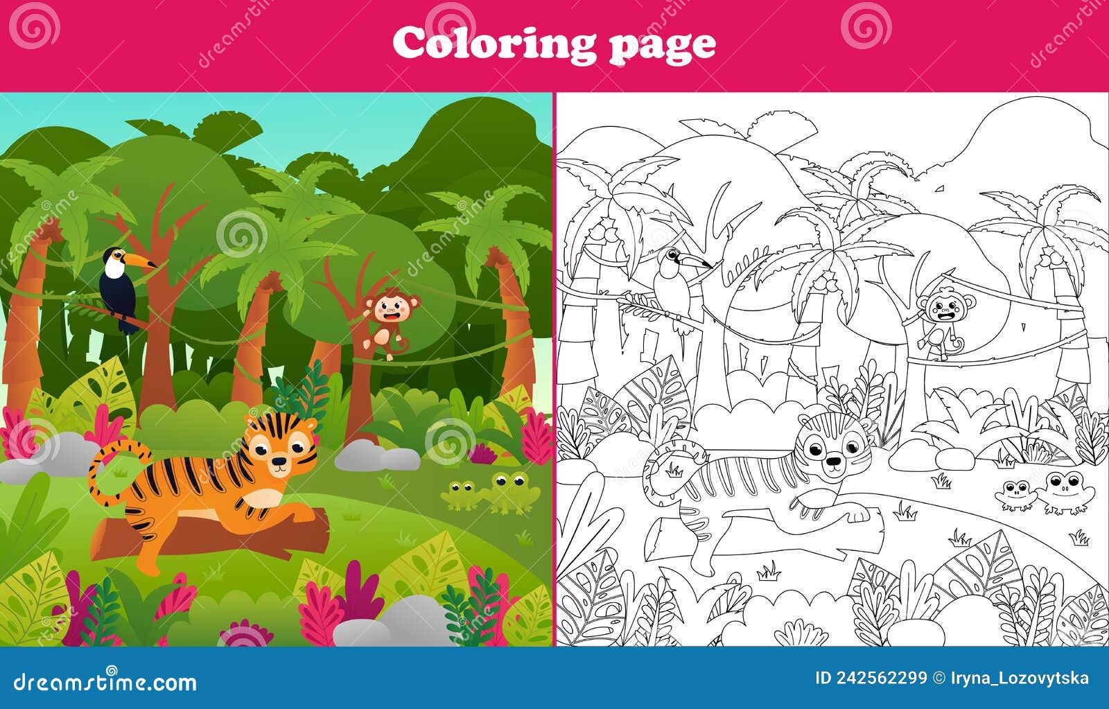 Printable coloring page for kids with jungle paradise scene with cute toucan bird and tiger sitting on tree trunk stock vector