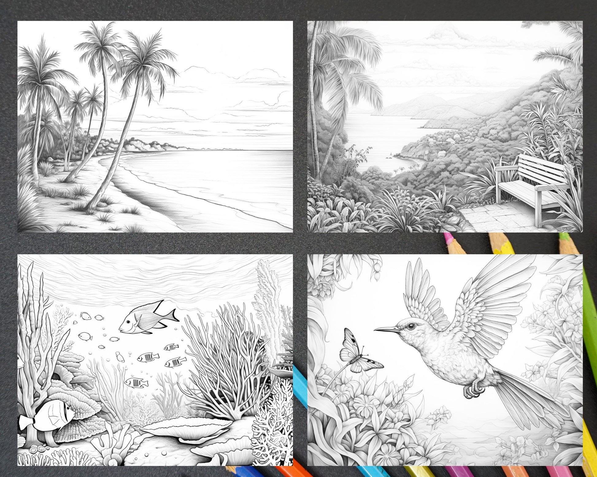 Tropical paradise grayscale adult coloring pages printable pdf ins â coloring
