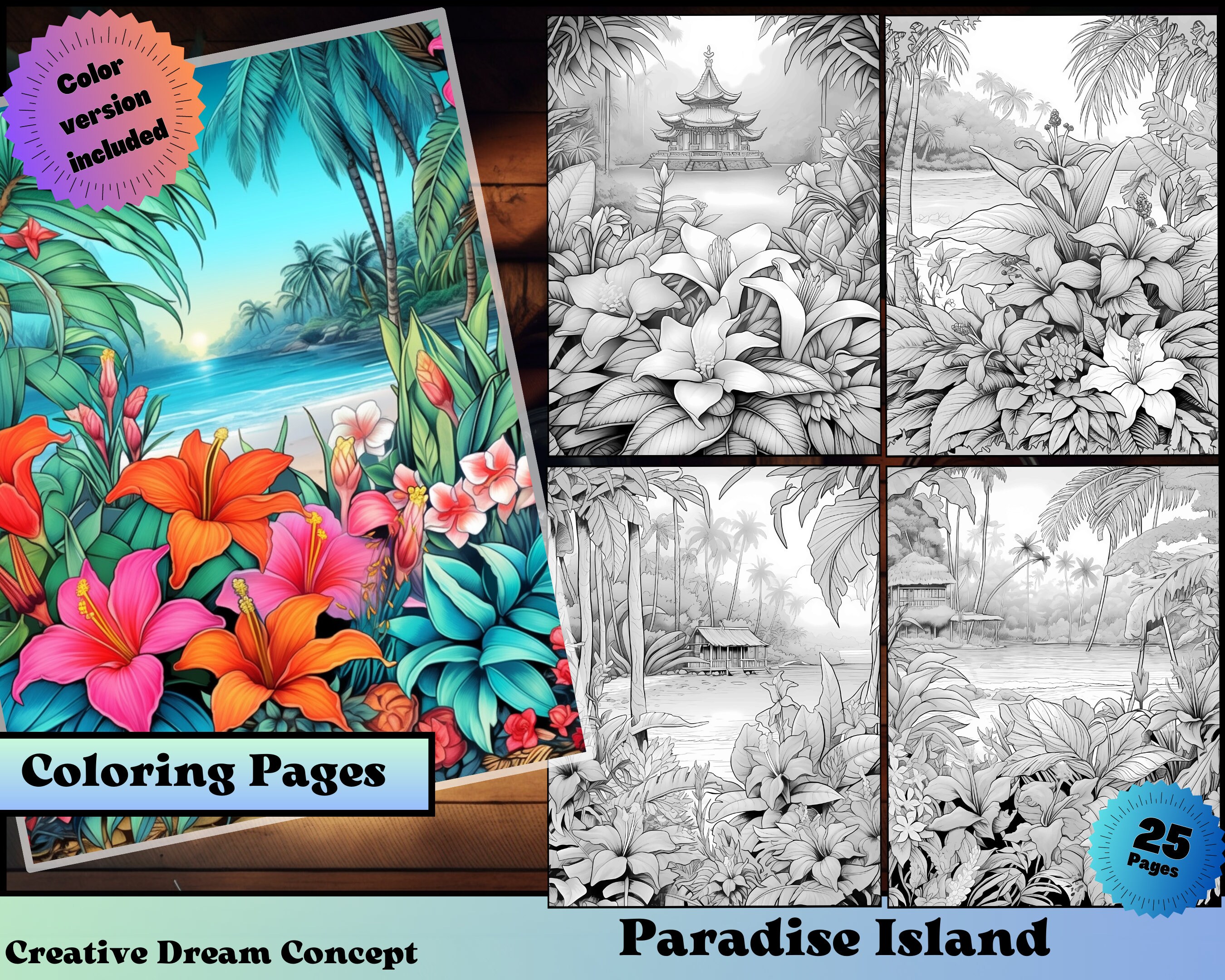Paradise island coloring pages for adults grayscale ocean houses coloring book download grayscale illustration printable coloring digital download now
