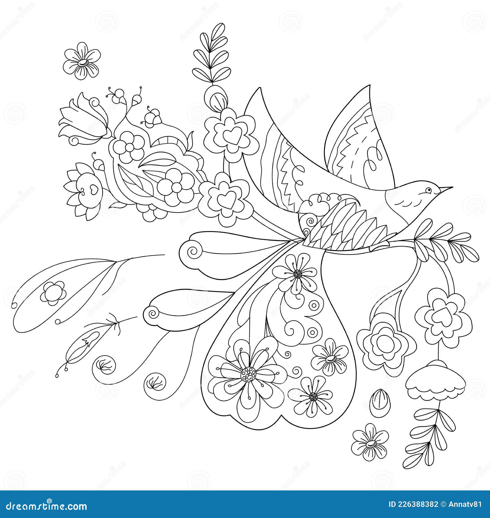 Tropical fancy bird black and white picture contour linear illustration for coloring book with paradise birds stock vector