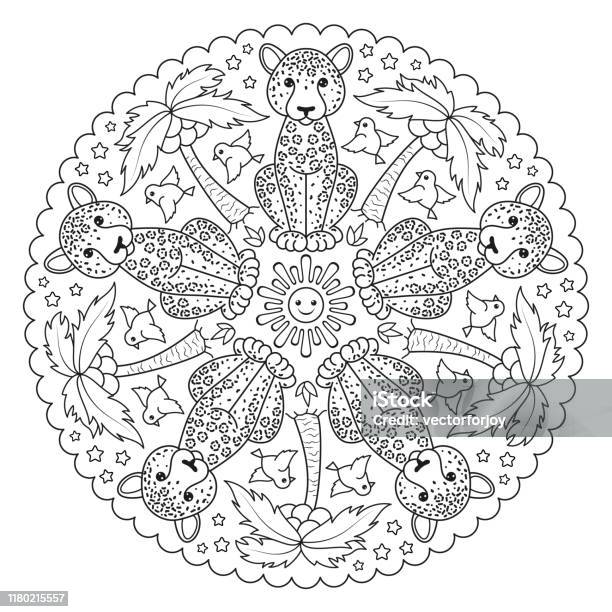 Coloring page mandala with jaguar palm bird paradise island sun stars vector illustration stock illustration