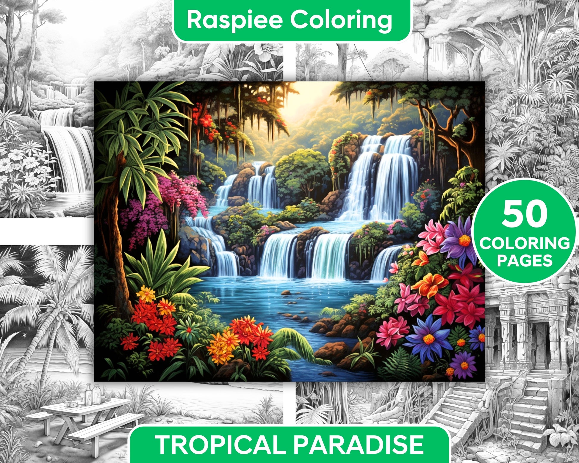 Tropical paradise grayscale adult coloring pages printable pdf ins â coloring