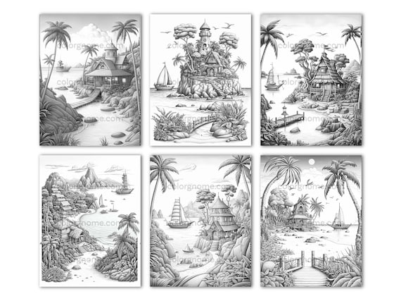 Enchanting paradise island coloring book printable coloring page for adult coloring book digital download grayscale coloring page instant download
