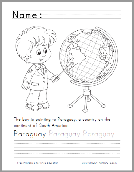 Paraguay on the globe coloring sheet student handouts