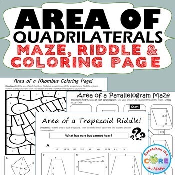 Area of quadrilaterals parallelogram trapezoid rhombus maze riddle color