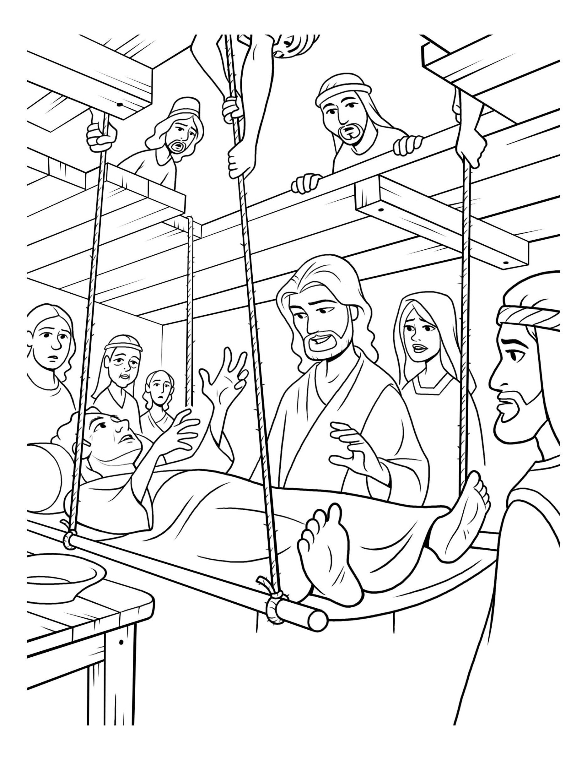 A sick man is lowered through a roof into a home where christ waits for him and heals him jesus heals sunday school coloring pages bible lessons for kids