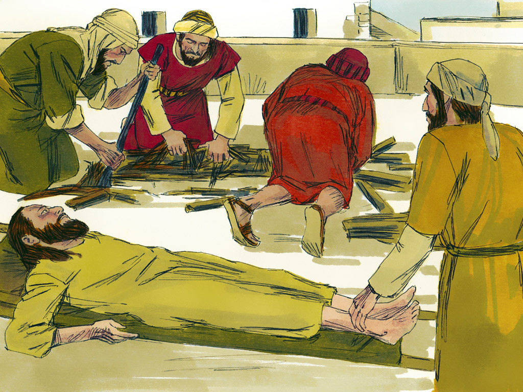 Paralysed man lowered through roof a paralysed man is lowered through a roof to jesus mark