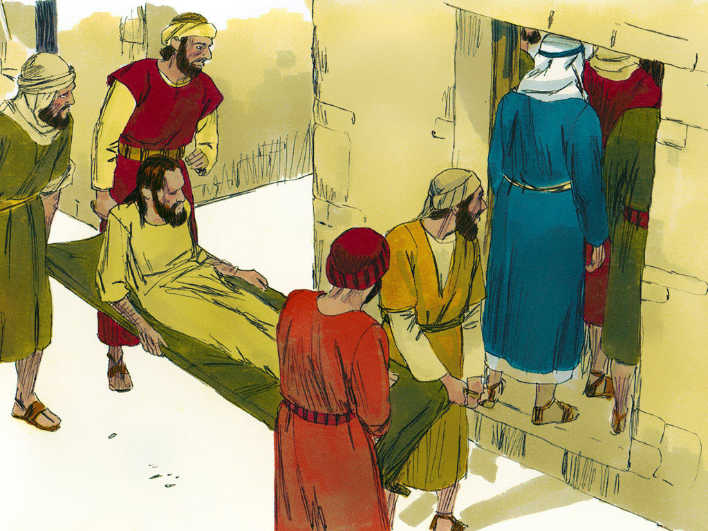 Paralysed man lowered through roof a paralysed man is lowered through a roof to jesus mark
