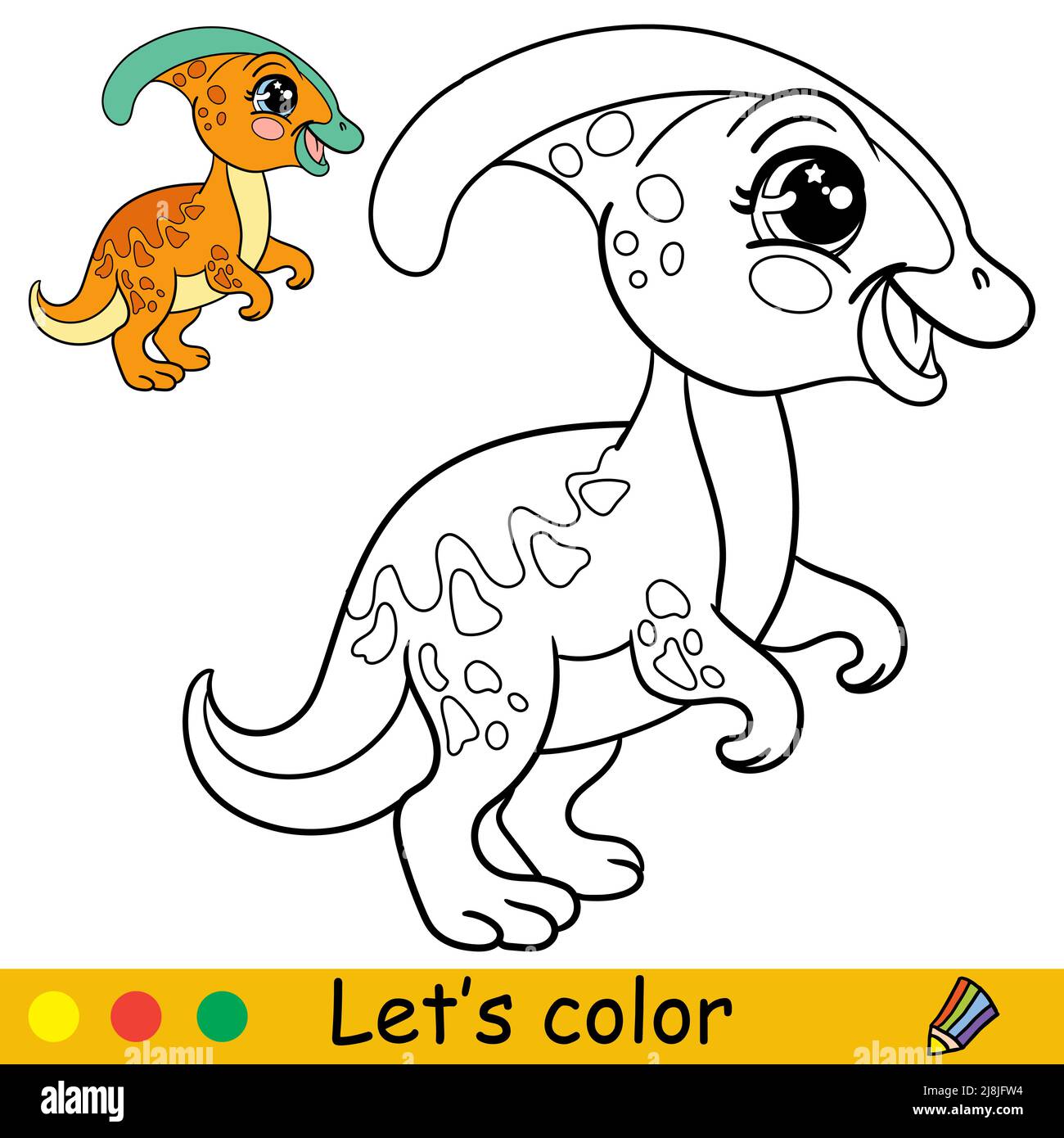 Cartoon cute baby dinosaur parasaurolophus coloring book page with colorful template for kids vector isolated illustration for coloring book print stock vector image art