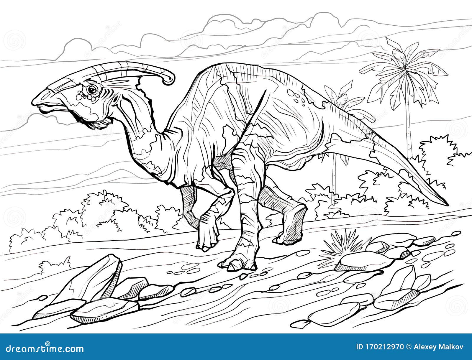 Parasaurolophus dinosaur coloring page for children and adults hand drawn illustration a size stock vector