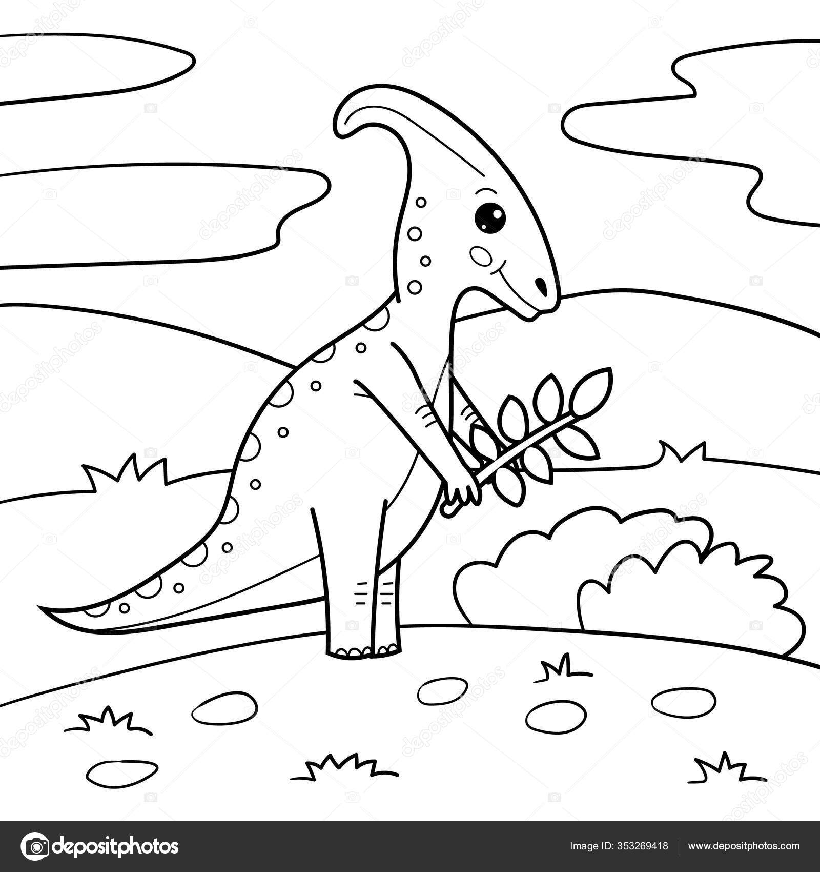 Coloring page children kawaii cartoon parasaurolophus vector dinosaur black white stock vector by kristina