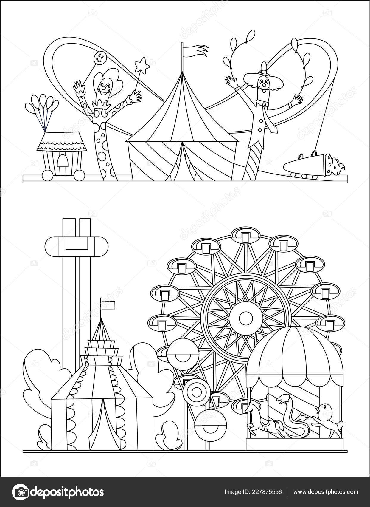 Parc de distracèii peisaj urban cu carusele roller coaster èi pagina de carte de colorat a balonului cu aer circ tãrg distractiv èi ilustraèie vectorialä tematicä carnaval vectori de stoc themonkeygmail