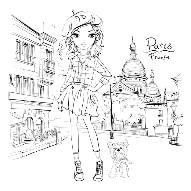 Premium vector vector cute girl in quarter montmartre paris france black and white illustration for coloring book