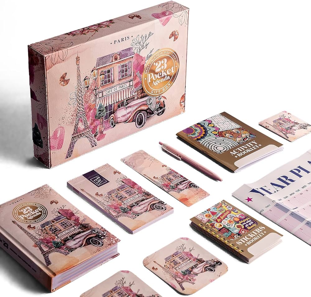 Paris style daily pocket agenda in box premium with different great gifts todo list sticker booklet coloring book iq toys wall score coaster pen book divider and gift card