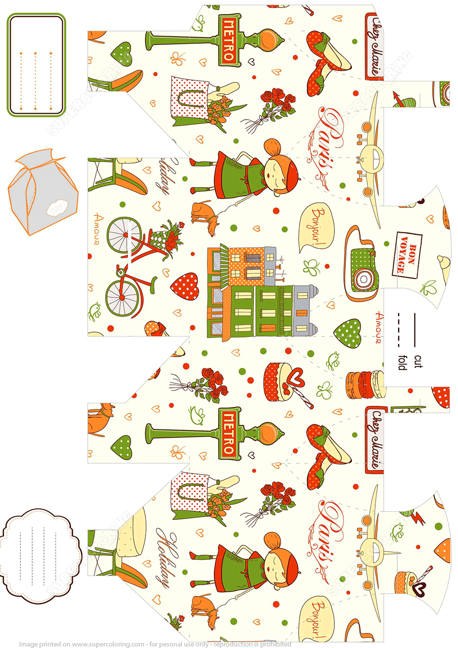Print cut and fold gift box template with paris icons free printable papercraft templates